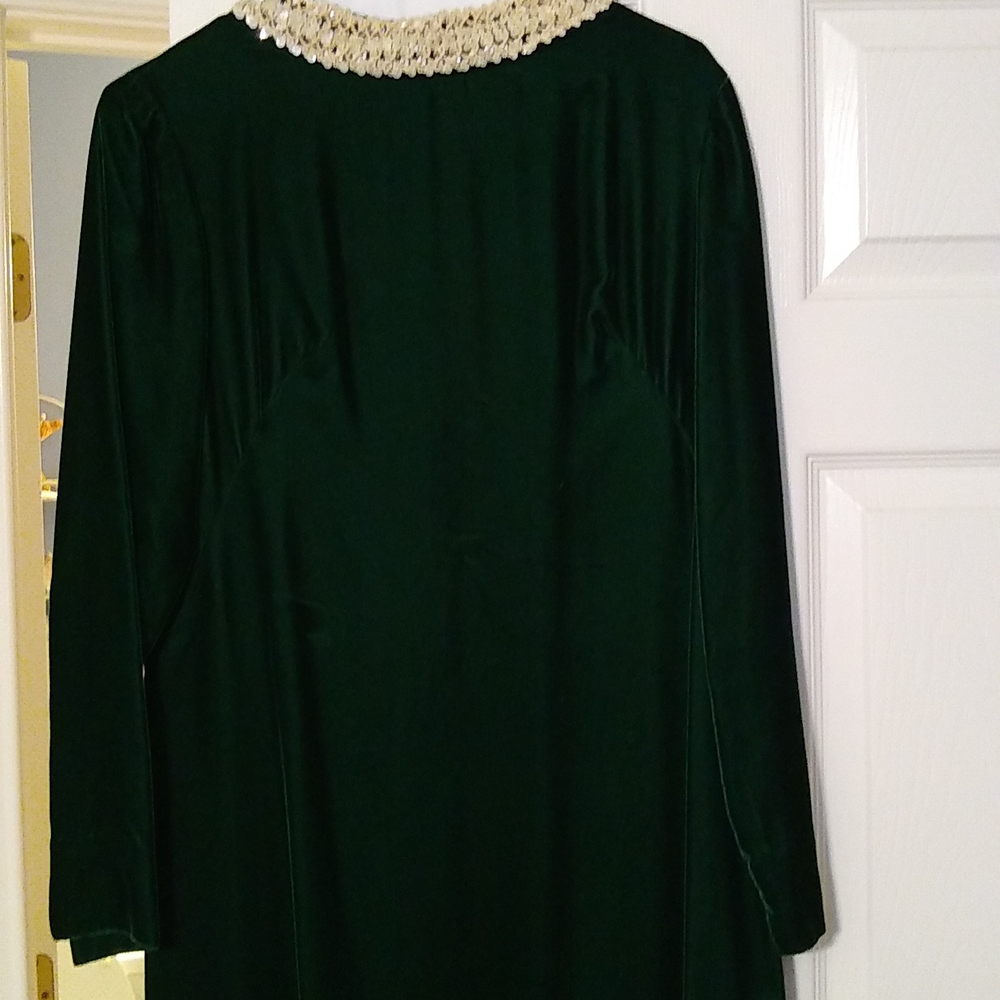 Emerald green long velvet dress, gown. Vintage, handmade Collar With Bling Lace - Picture 4 of 15